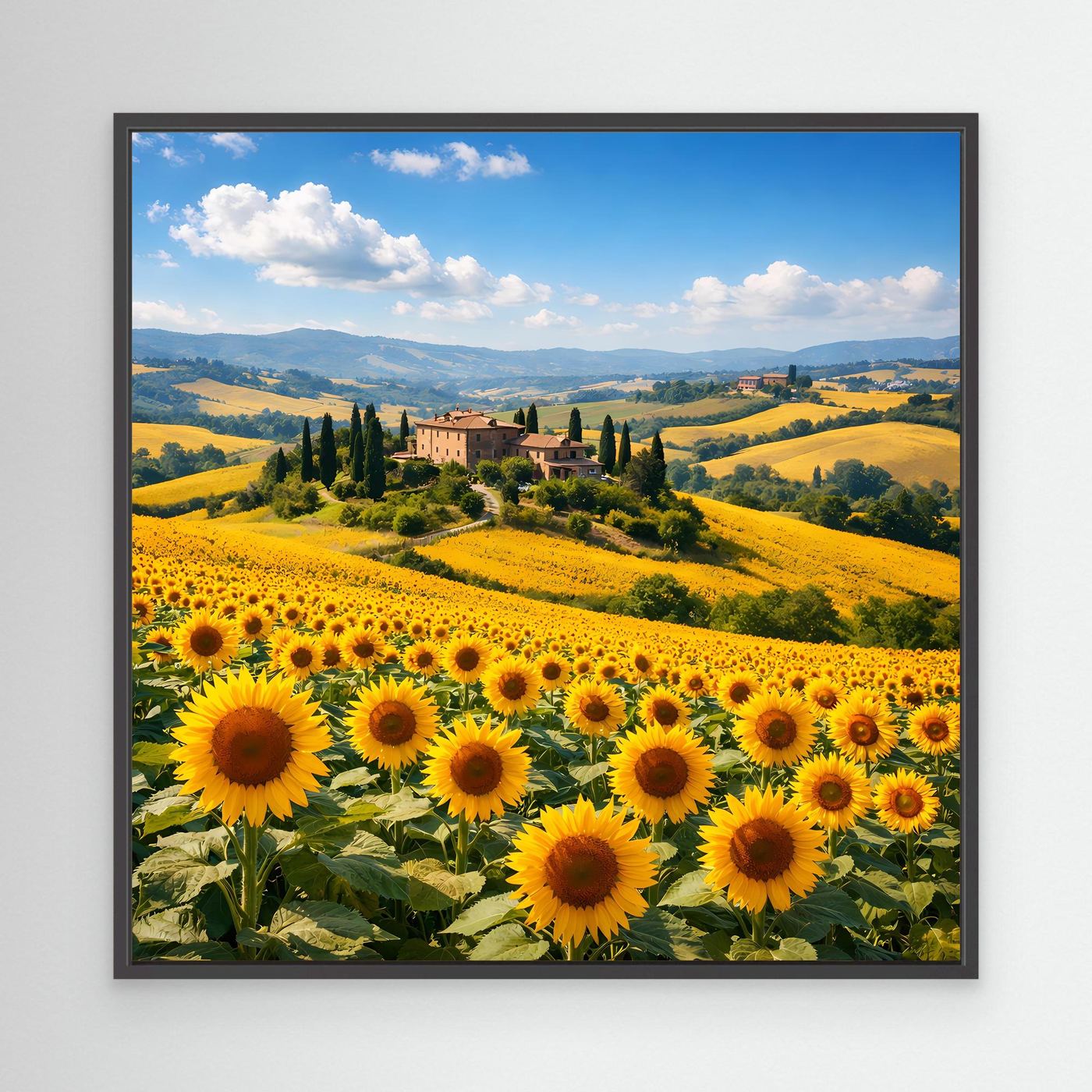 Leinwandbild mit Sonnenblumenfeld und Toskana-Hügellandschaft, rechteckig, schwarzer Rahmen