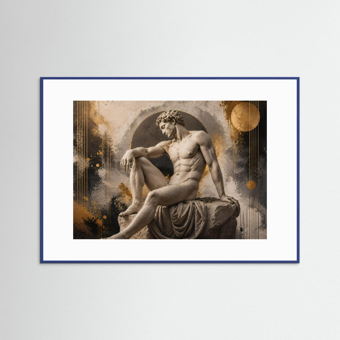 Antikes Statuen-Poster: männlicher Akt in Gold/Beige, Querformat, blauer Bilderrahmen