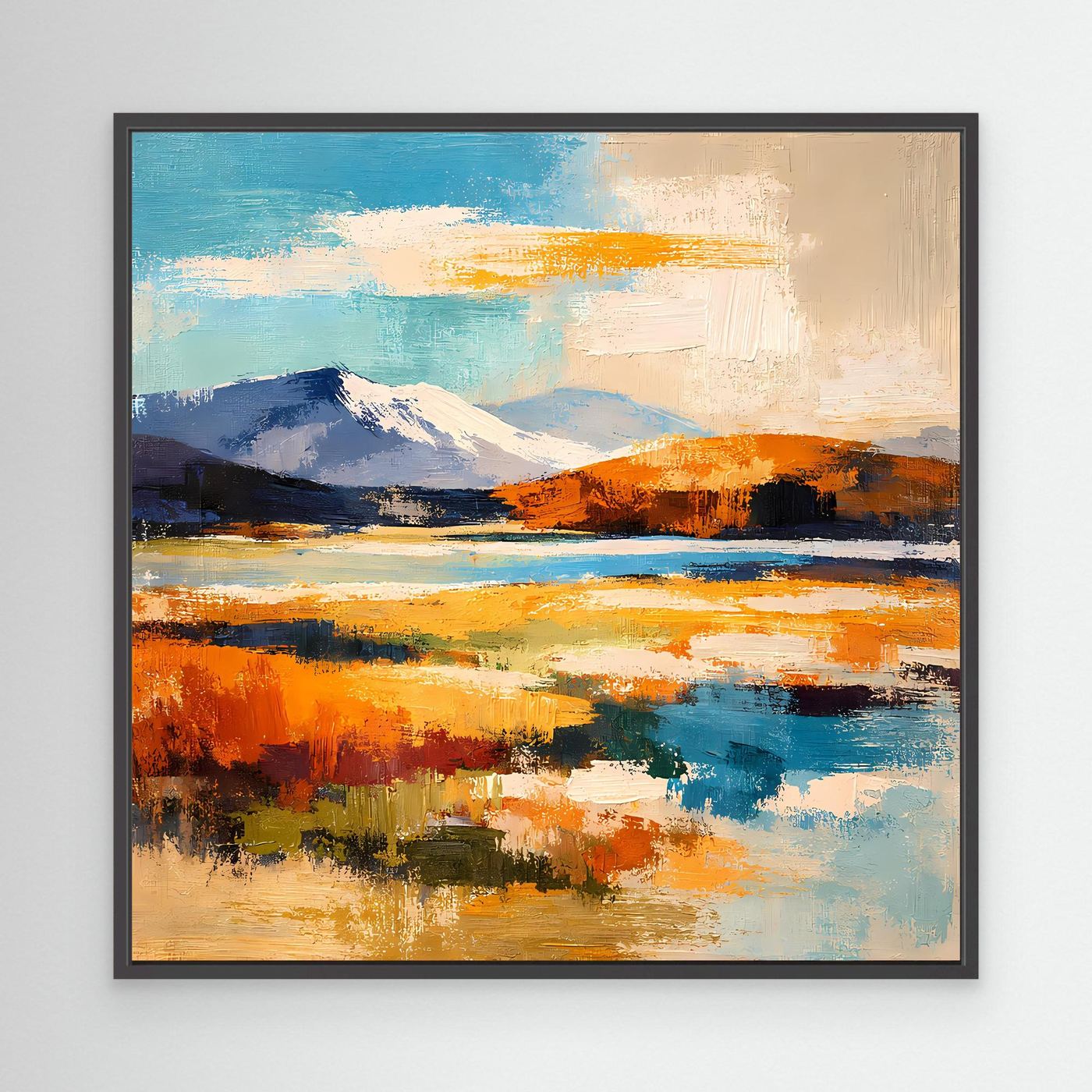 Leinwand-Wandbild mit abstrakter Berglandschaft, blau-orange Farbflächen, schwarzer Rahmen