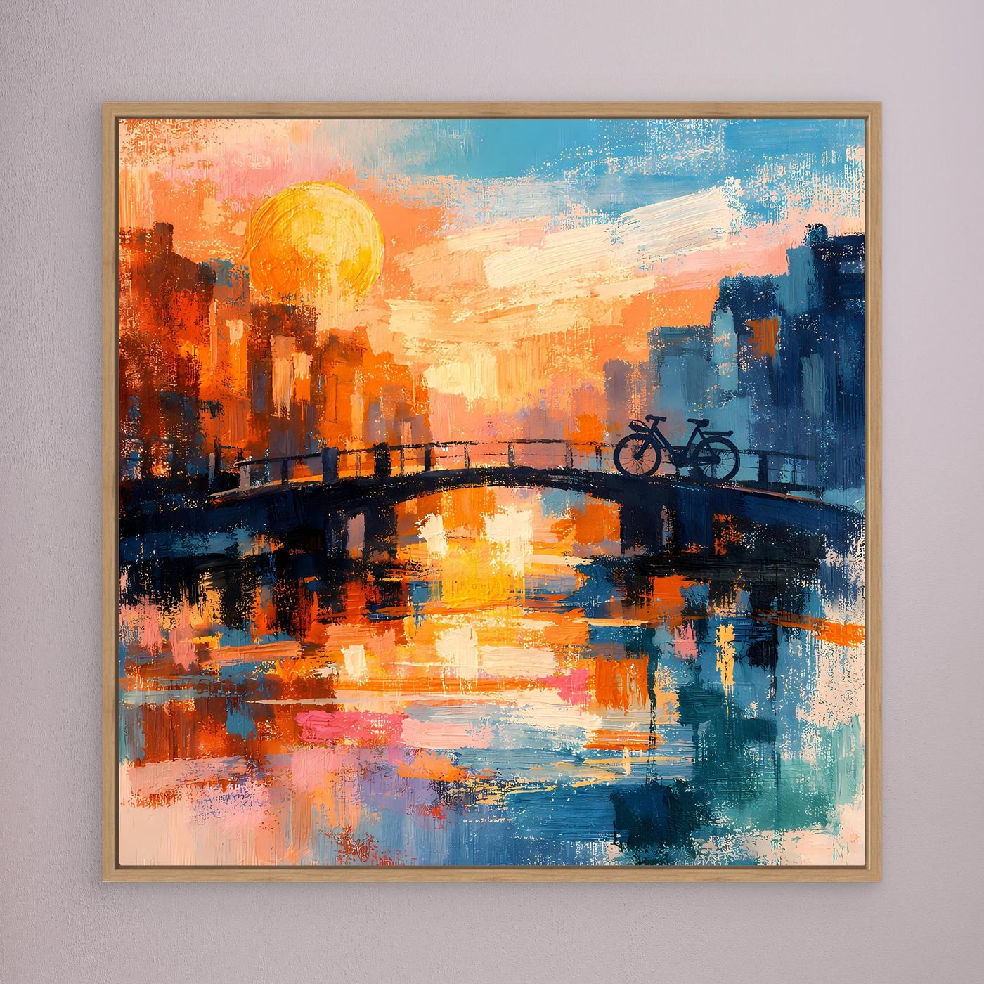 Leinwand Abstraktes Amsterdam Gemälde | Modernes Romantisches Grachten Wandbild mit Fahrrad