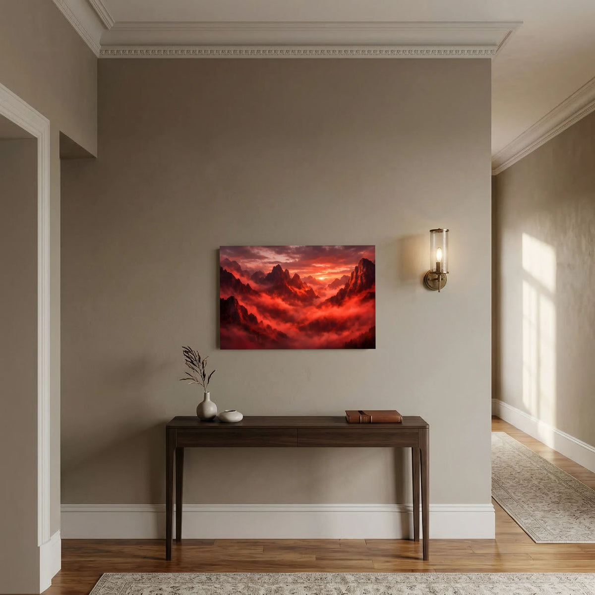 Wandposter mit roter Berglandschaft und Nebel im Sonnenuntergang, querformatig