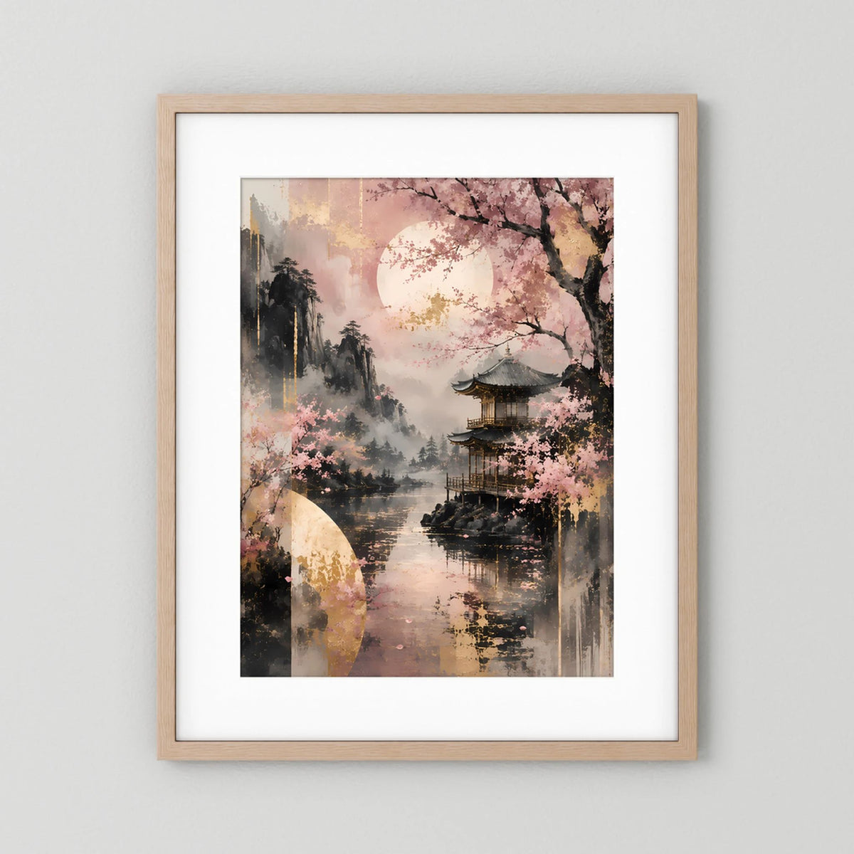 Hochformat-Poster mit Kirschblüten und Tempel am See, heller Holzrahmen mit weißem Rand