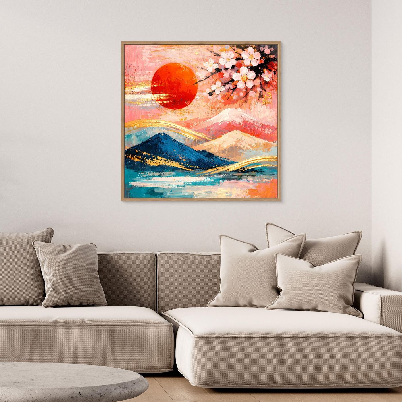 Leinwandbild mit Kirschblüten, roter Sonne und Berglandschaft in Pastellfarben, mit hellem Holzrahmen