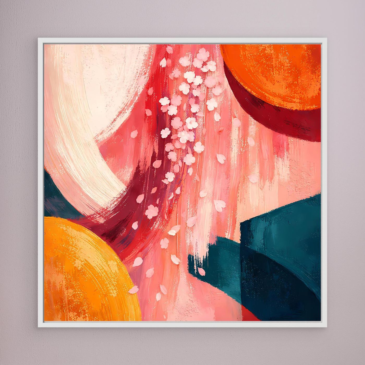 Leinwandbild abstrakte Kirschblüten in Rot mit weißen Blüten; Orange- und Blaugrünflächen, weiß gerahmt