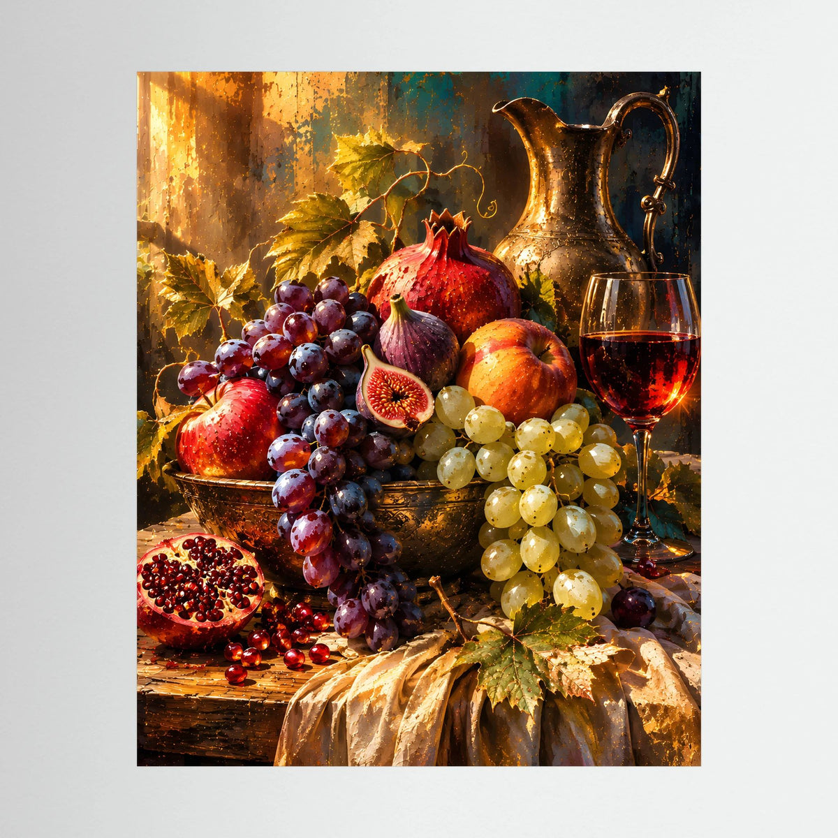 Stillleben-Poster mit Trauben, Feigen, Granatapfel und Wein im goldenen Farbton