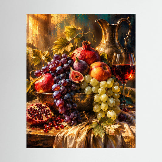 Stillleben-Poster mit Trauben, Feigen, Granatapfel und Wein im goldenen Farbton