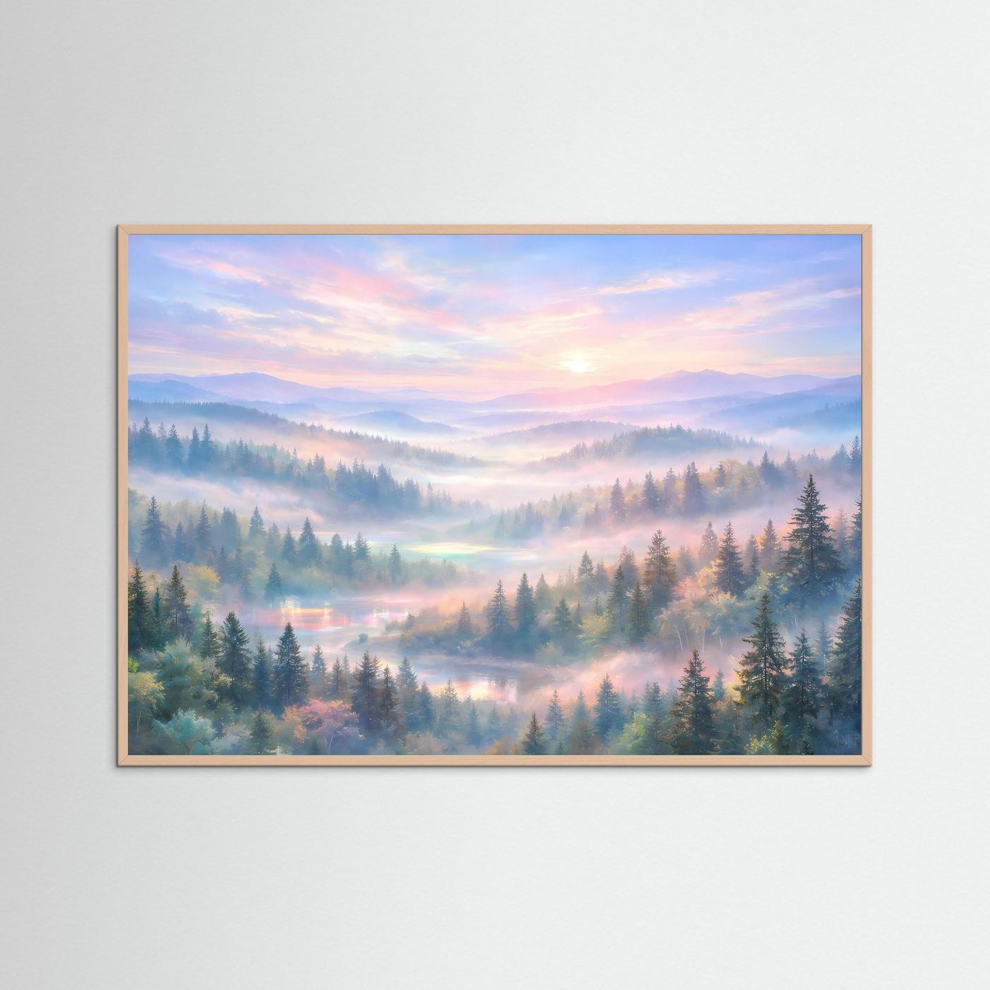 Waldlandschaft-Wandbild mit Sonnenaufgang und hellbraunem Holzrahmen