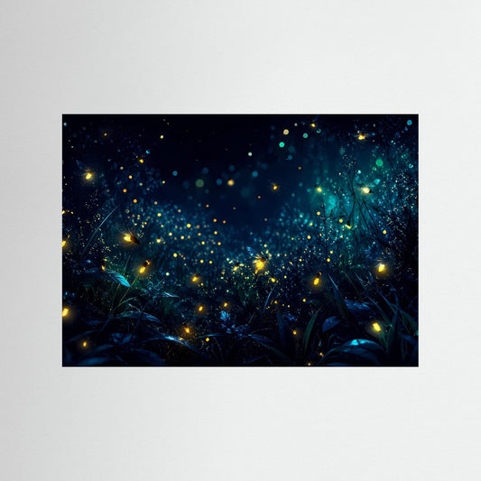 Wandbild mit Glühwürmchenwald bei Nacht: dunkles Blau, grün-gelbe Lichtpunkte, Blätter