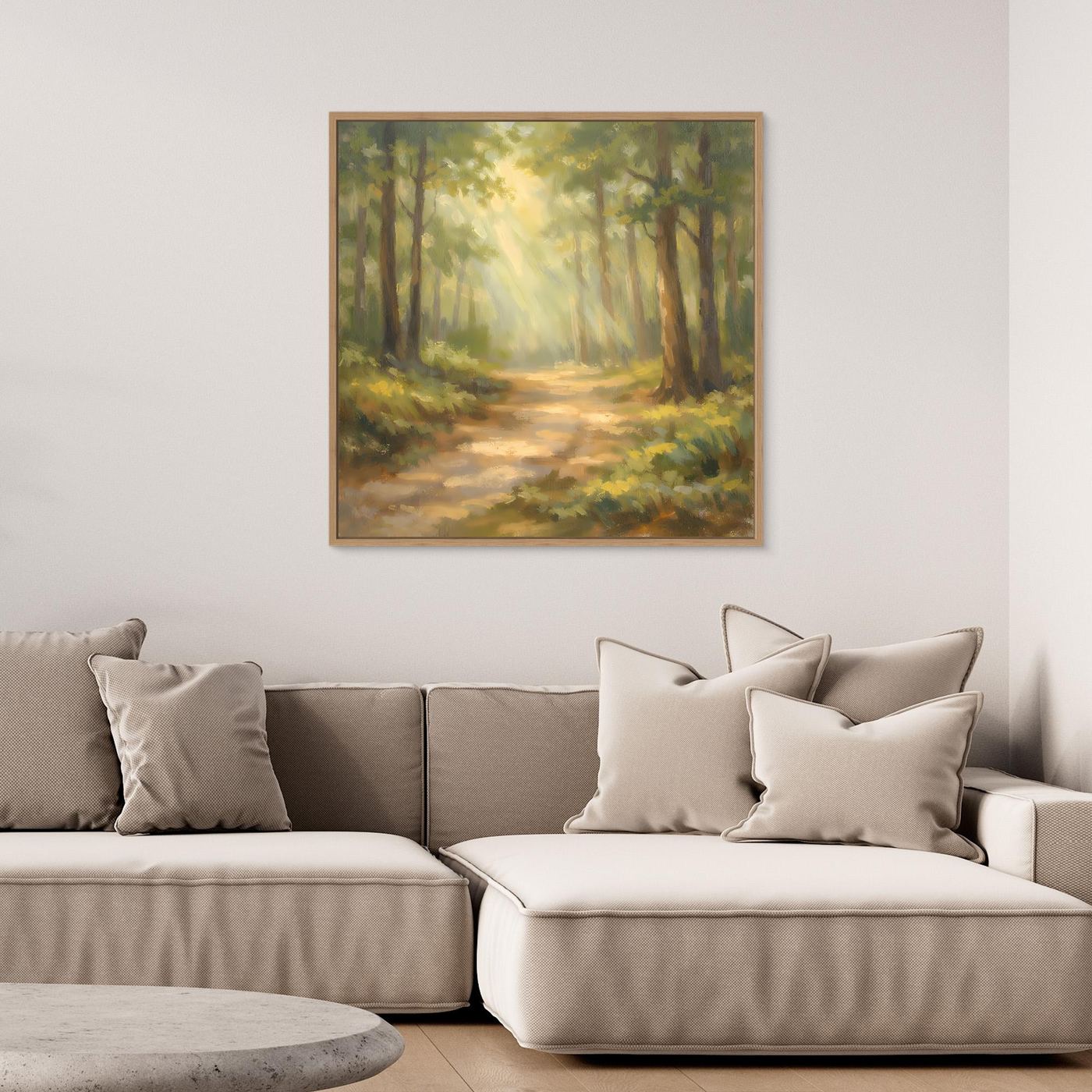 Leinwandbild Waldlandschaft mit Sonnenstrahlen im Eichenrahmen