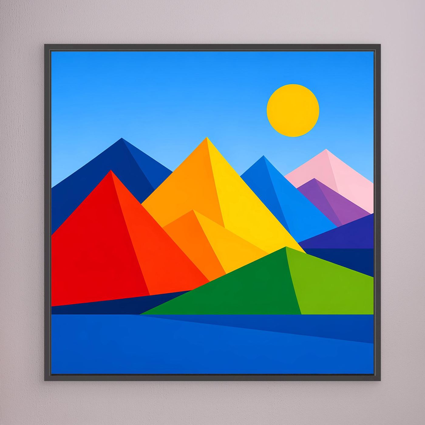 Gerahmtes Leinwandbild mit geometrischer Berglandschaft und Sonne, farbige Dreiecke, dunkler Rahmen.
