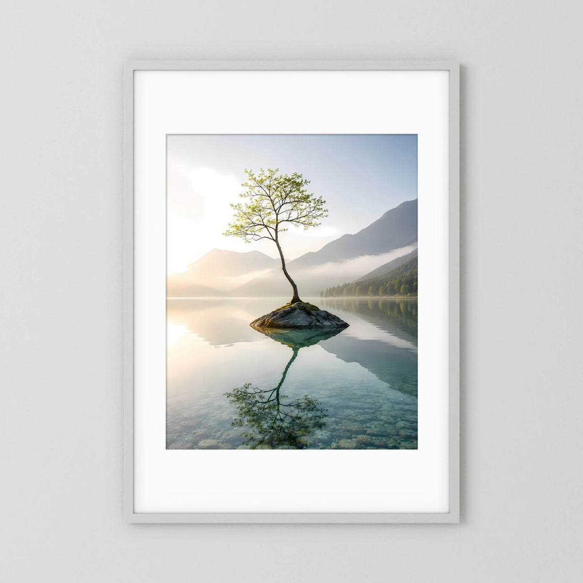 Einsamer Baum im Bergsee | Minimalistische Natur mit Spiegelung | Poster Hochformat