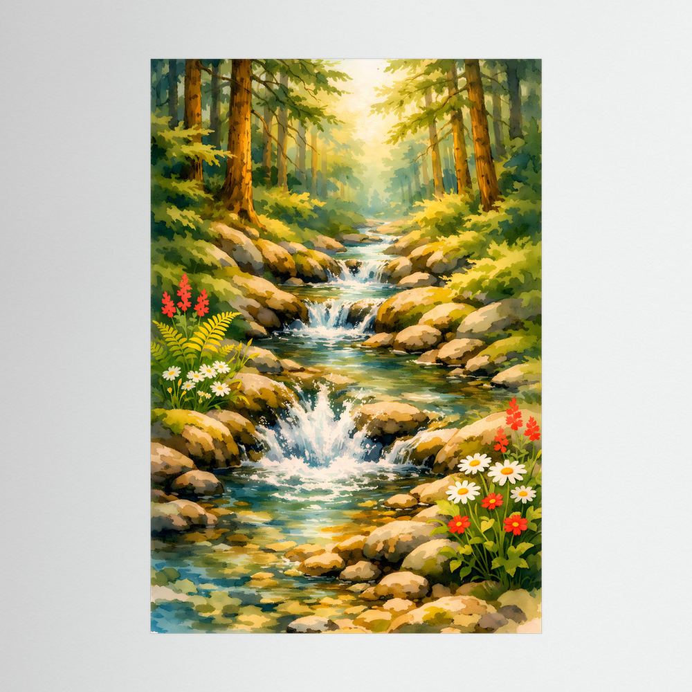 Wasserfall-Wandposter mit Bachlauf durch Felsen, Wald und bunten Blumen