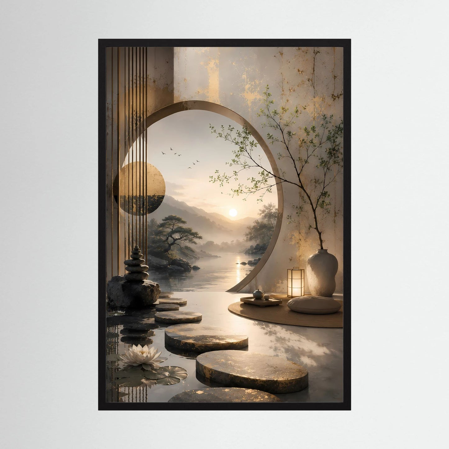 Poster im schwarzen Holzrahmen: asiatische Landschaft mit goldener Sonne und rundem Spiegelbogen