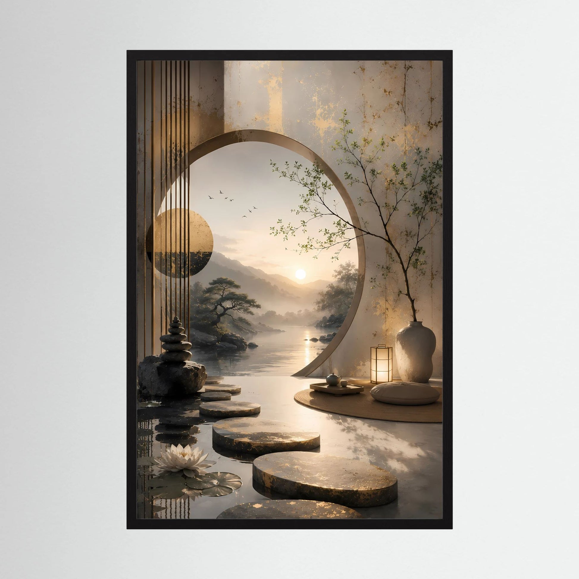 Poster im schwarzen Holzrahmen: asiatische Landschaft mit goldener Sonne und rundem Spiegelbogen