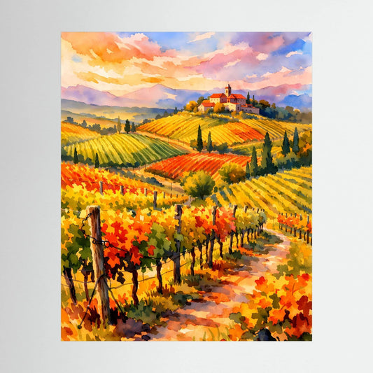 Poster mit farbenfroher Toskana-Landschaft: Weinberge, Landhaus und Weg im Hochformat