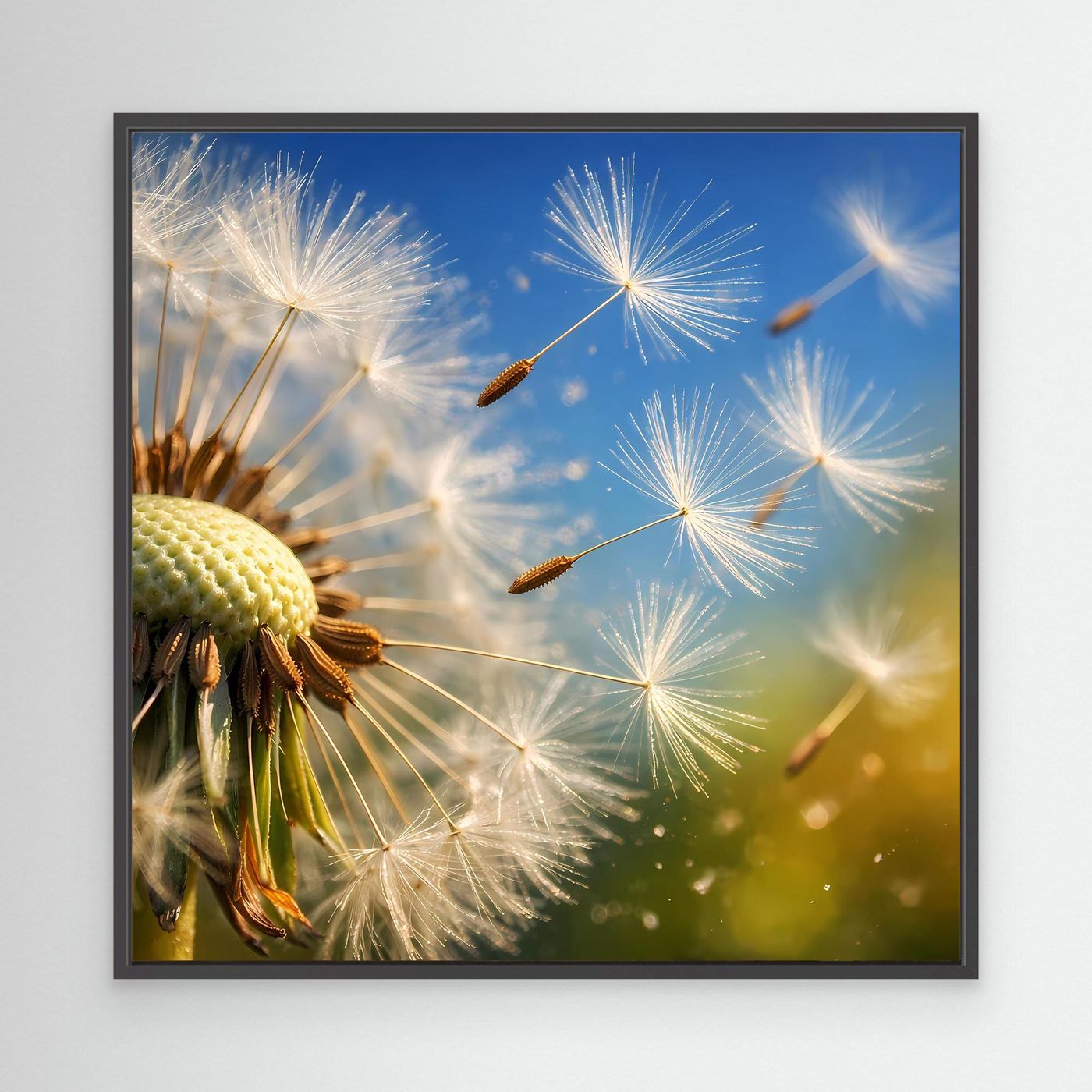 Leinwandbild mit Makro-Pusteblume und fliegenden Löwenzahnsamen im schwarzen Rahmen