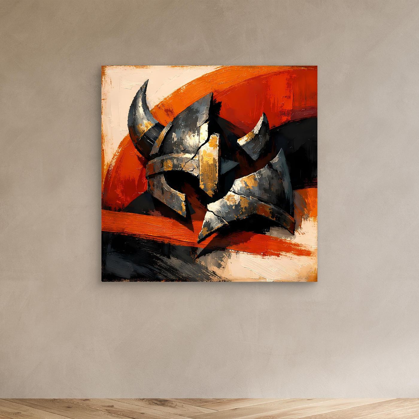 Gerahmtes Leinwandbild mit Wikingerhelm-Motiv, kräftige Pinselstriche in Rot und Orange