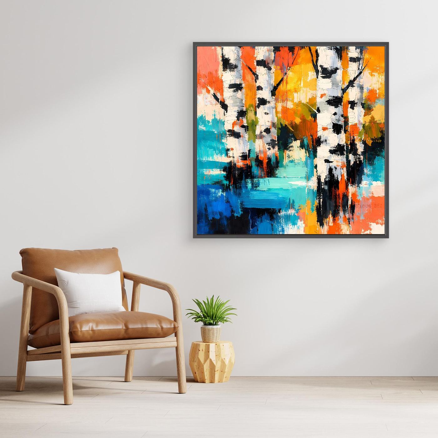 Light-framed abstract birch forest canvas art with turquoise layers and black-and-white strokes.