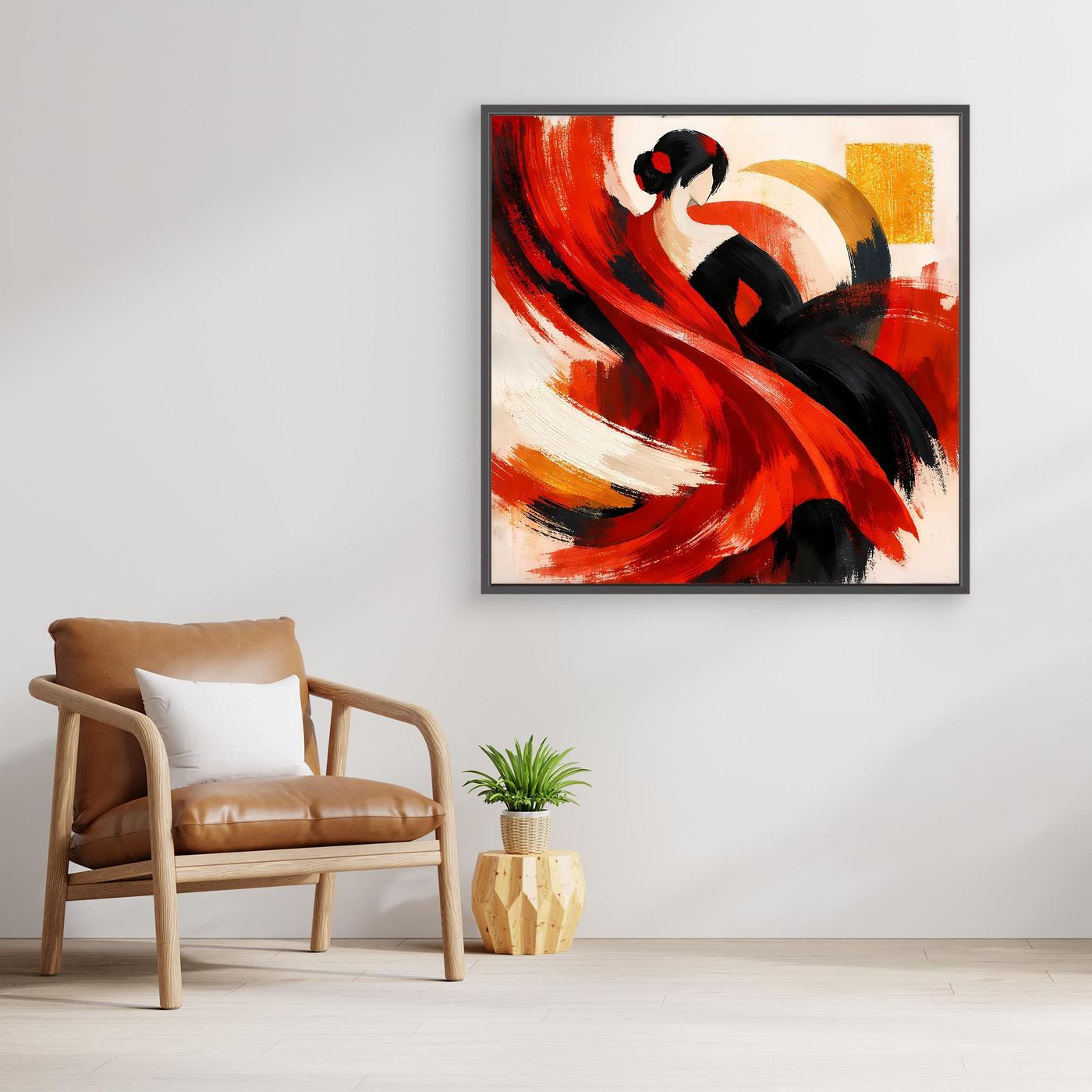 Gerahmtes Leinwandbild Flamenco-Tänzerin, rote und schwarze Abstraktion, brauner Holzrahmen
