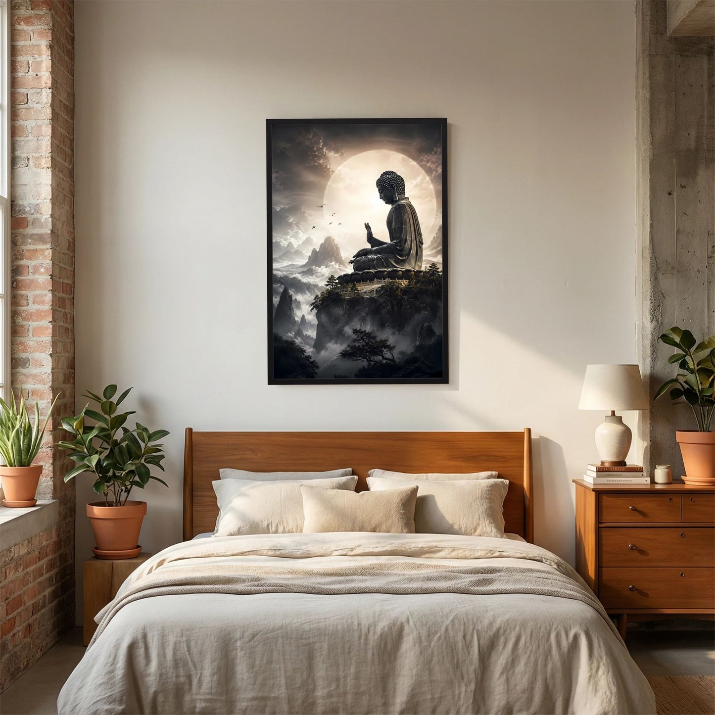 Poster im Hochformat, kleiner Bildausschnitt: meditierender Buddha über Wolken, Schwarzrahmen
