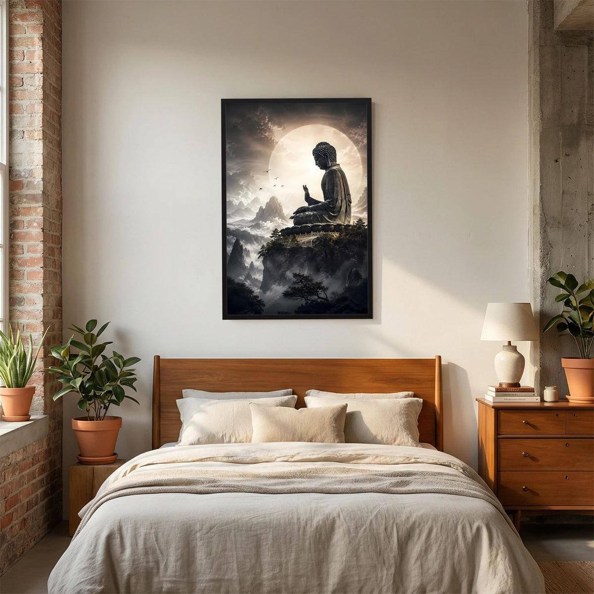 Poster im Hochformat, kleiner Bildausschnitt: meditierender Buddha über Wolken, Schwarzrahmen