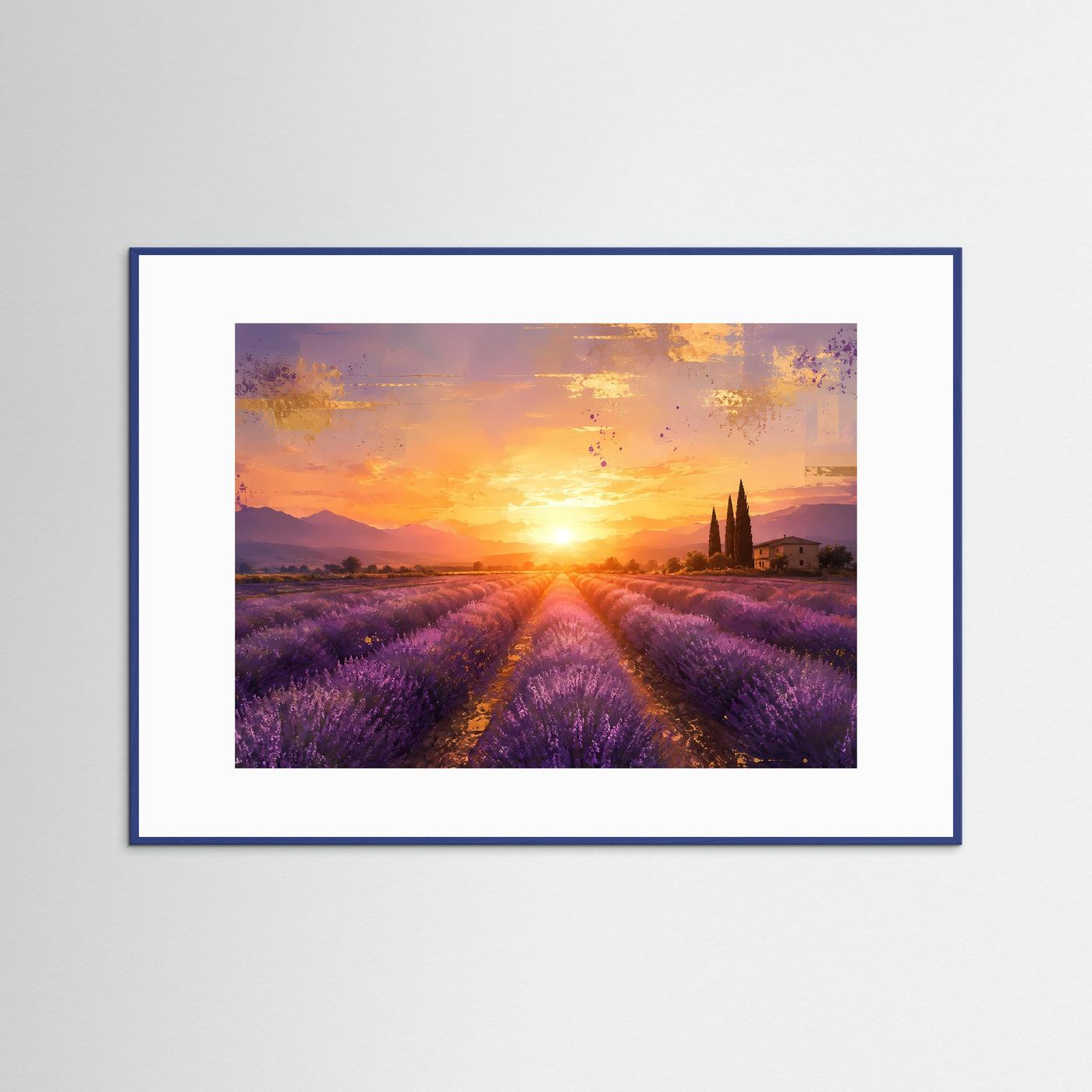 Lavendelfeld in der Provence bei Sonnenuntergang | Romantisches Poster in Lila & Gold | Panoramabild Querformat