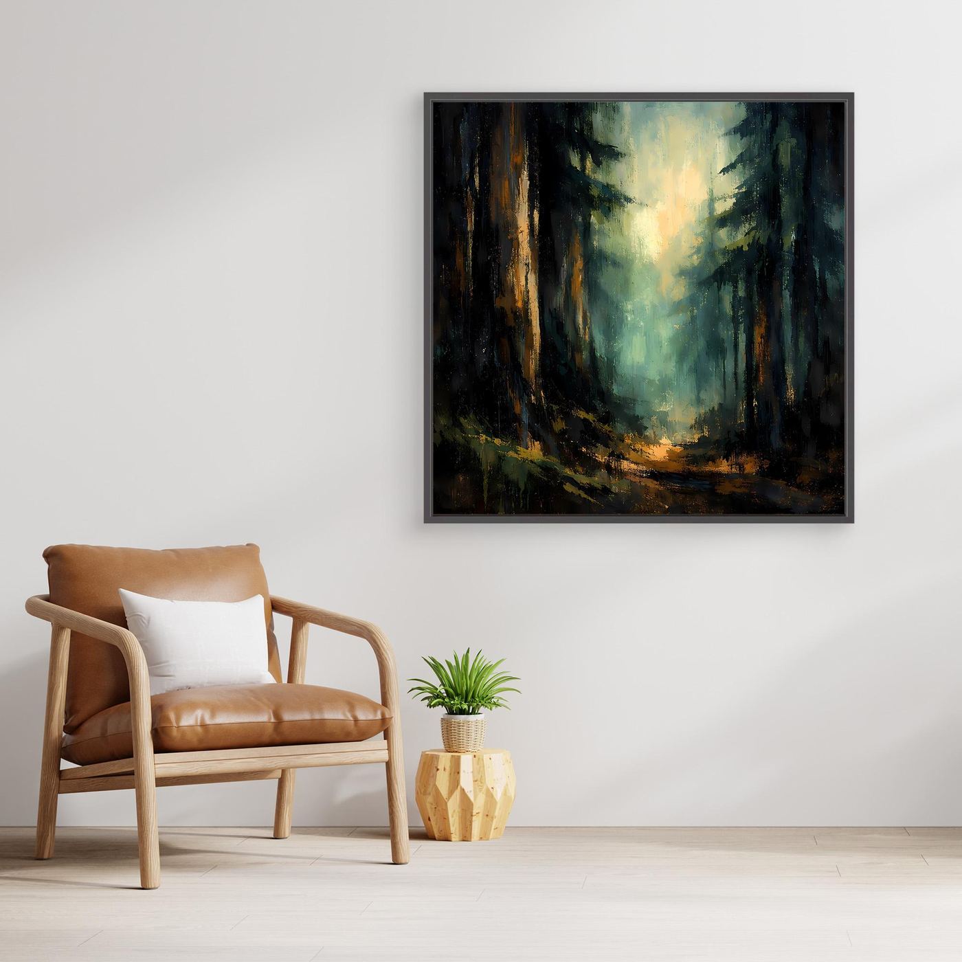 Abstraktes Tannenwald-Leinwandbild mit hellem Licht, dunkler Wald, schwarz gerahmt