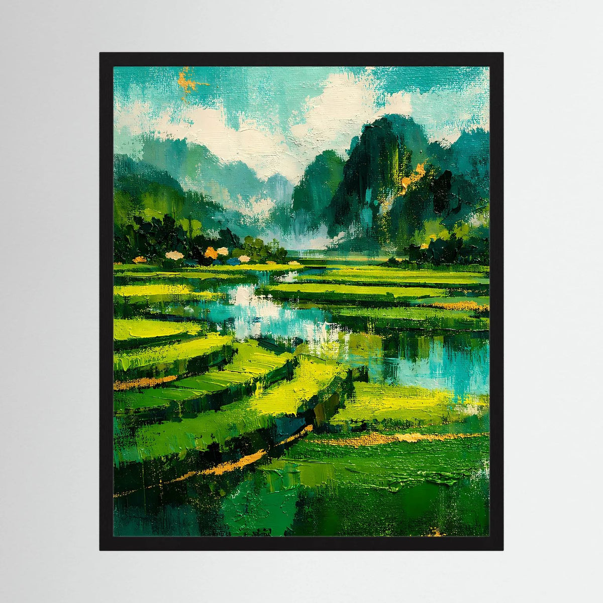 Grünes Landschafts-Poster mit Fluss und Wiesen, gerahmt in Schwarz