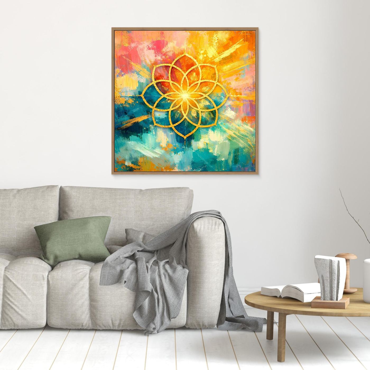 Kleines Leinwandbild Blume des Lebens: goldenes Mandala auf buntem Farbgrund, braun gerahmt