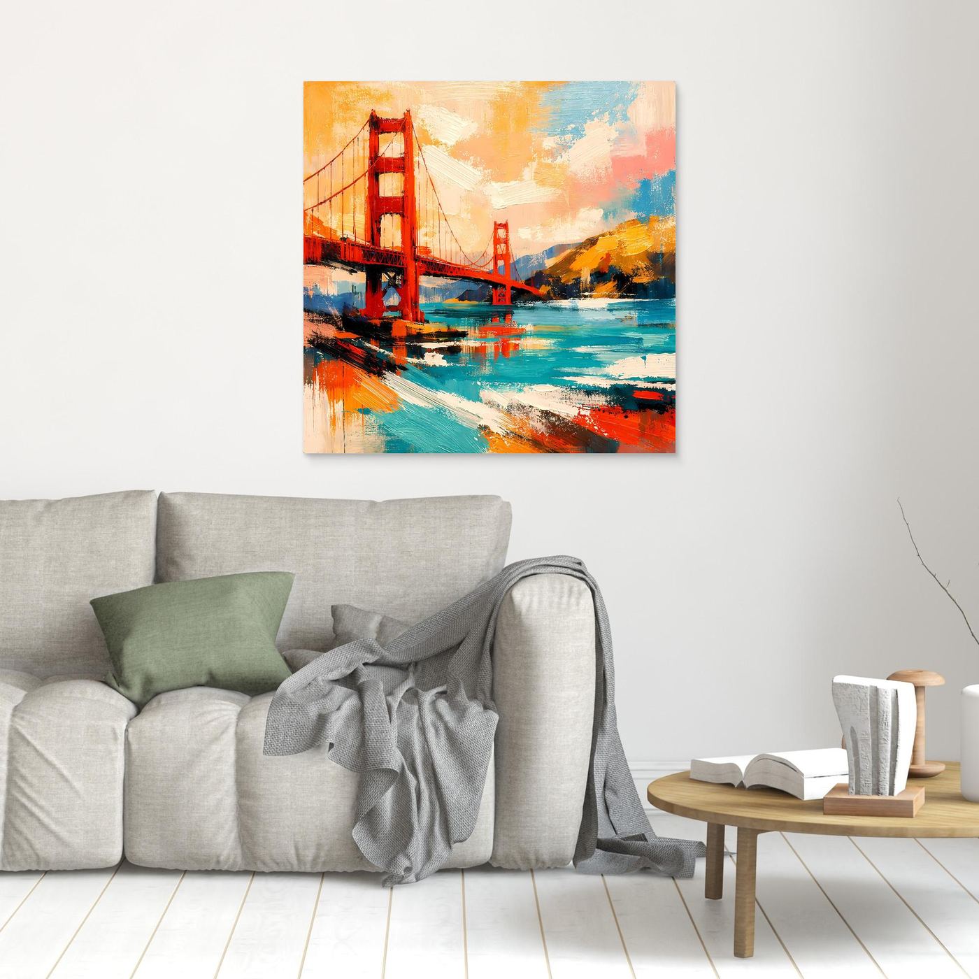 Light-framed abstract bridge wall art with red towers over teal and orange paint