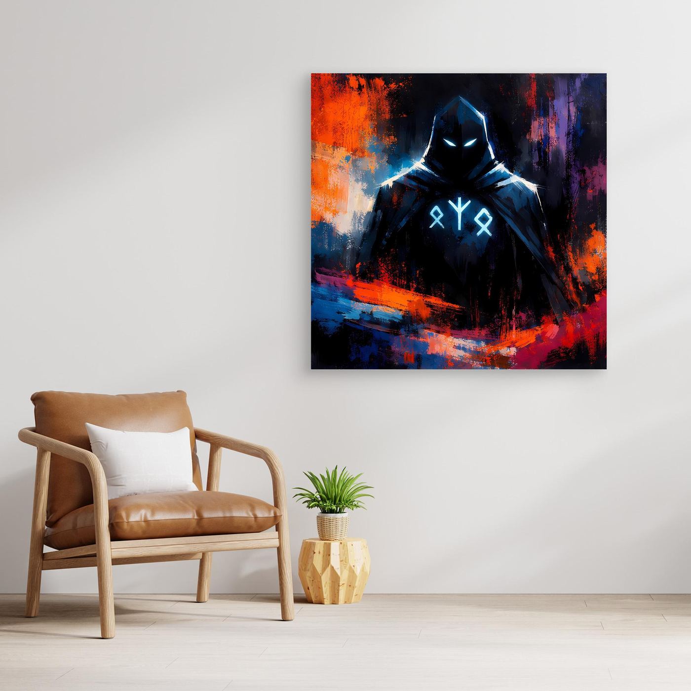 Quadratisches Leinwandbild mit Magier in dunkler Robe und leuchtenden X-Runen