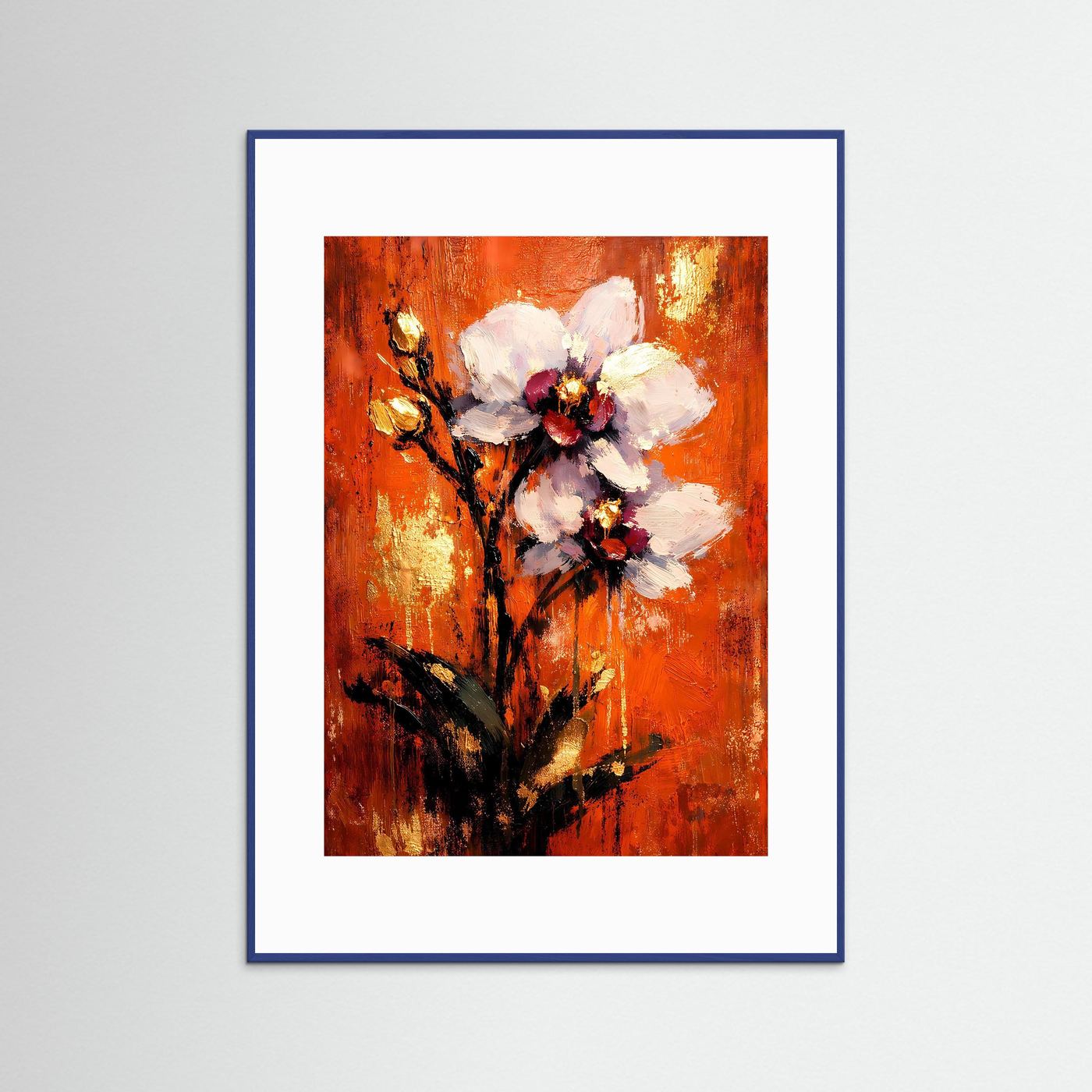 Orchideen-Kunstposter im blauem Rahmen mit weißem Passepartout und abstrahierter Blüte