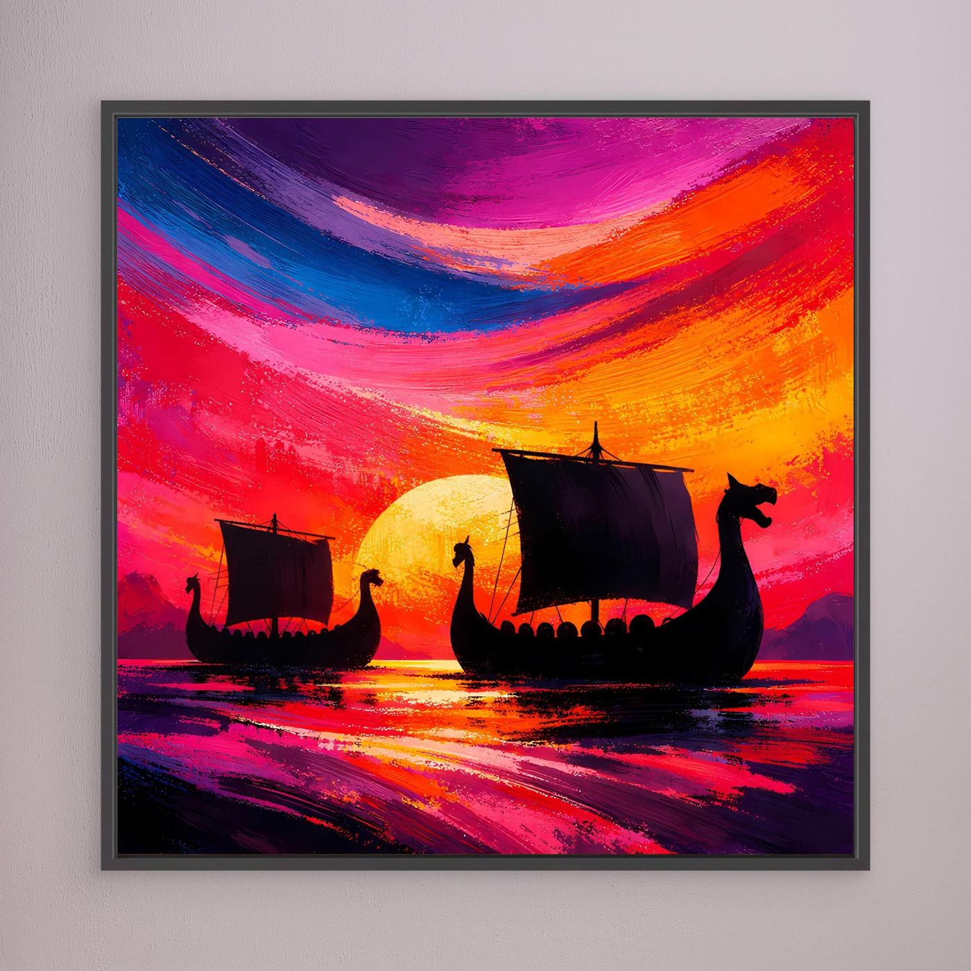 Leinwand-Wandbild mit Wikingerbooten und Sonnenuntergangsfarben, mit dunklem Rahmen