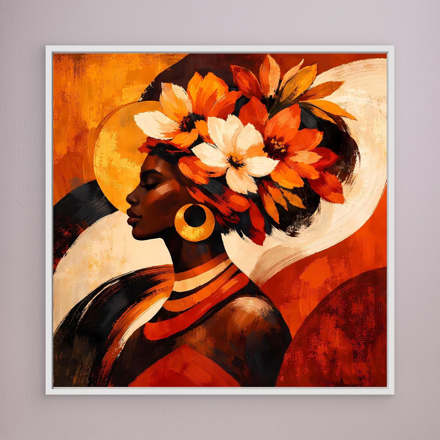 Leinwandbild: Frauenprofil mit großem Blumenkranz und warmer Farbkomposition in Orange und Rot