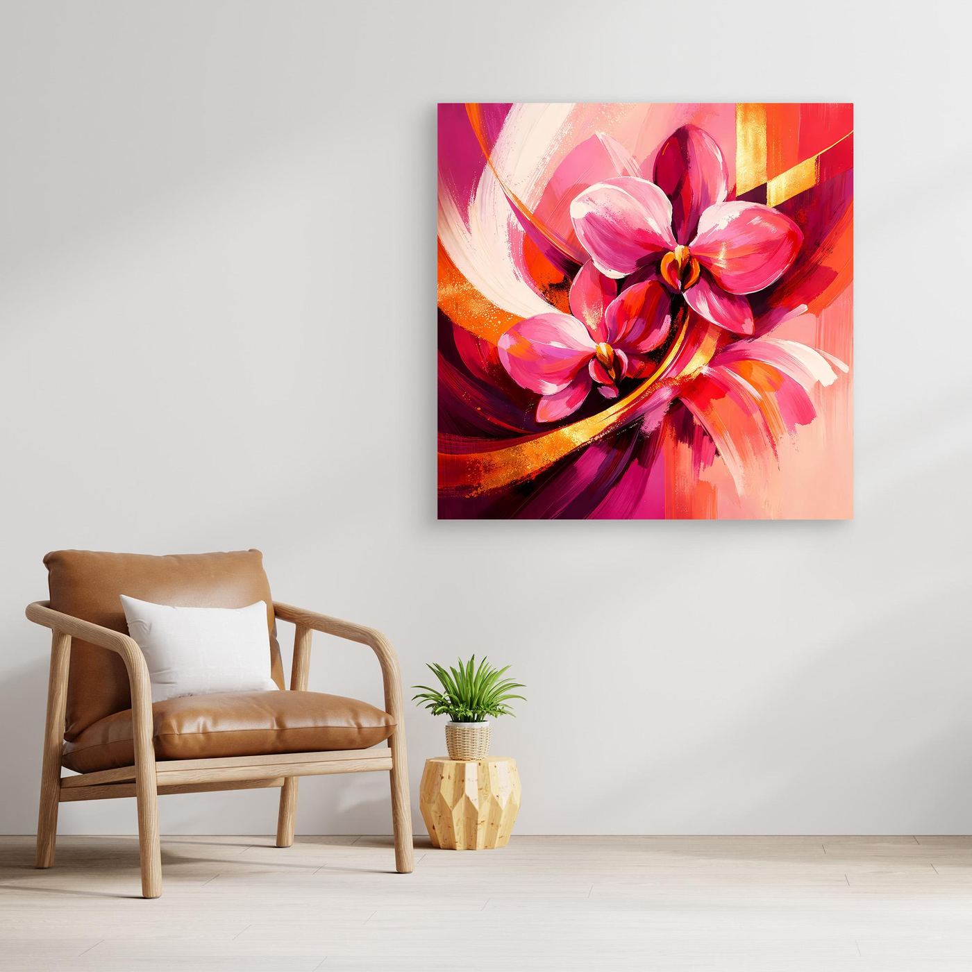 Leinwandbild ohne Rahmen mit abstrakten Orchideenblüten in Pink und Rot