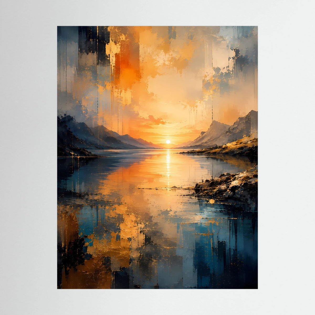 Poster im Hochformat mit abstrakter Berglandschaft am See, spiegelnde orange Sonne