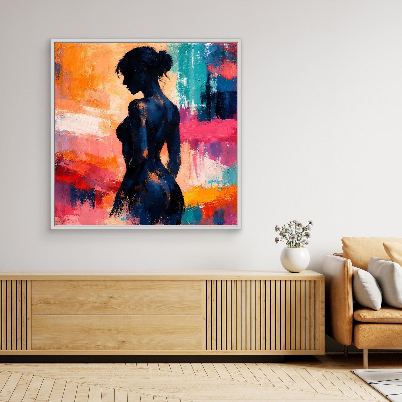 Gerahmtes Leinwand-Wandbild: abstrakte Frauensilhouette, bunte Farbflächen, weißer Rahmen