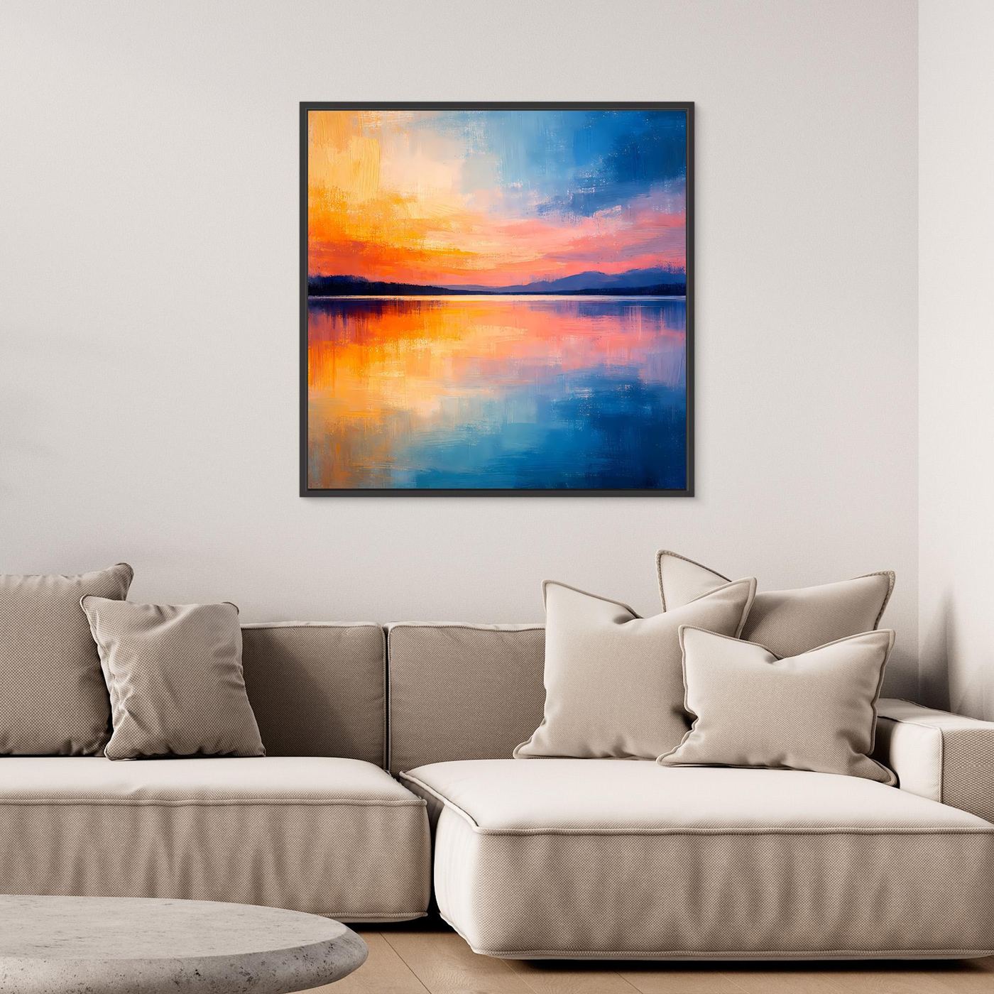 Abstraktes Wandbild auf Leinwand mit See-Spiegelung, Sonnenuntergang in warmen Orange- und Blaunuancen