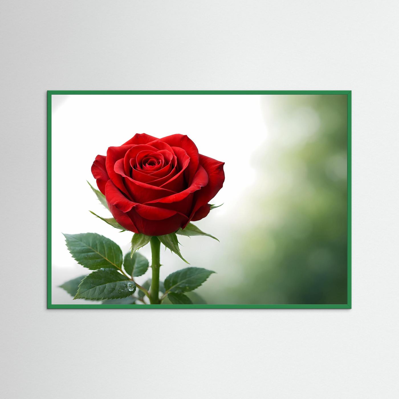Poster mit Nahaufnahme-Rose: rote Blüte und grüne Blätter, grün gerahmt