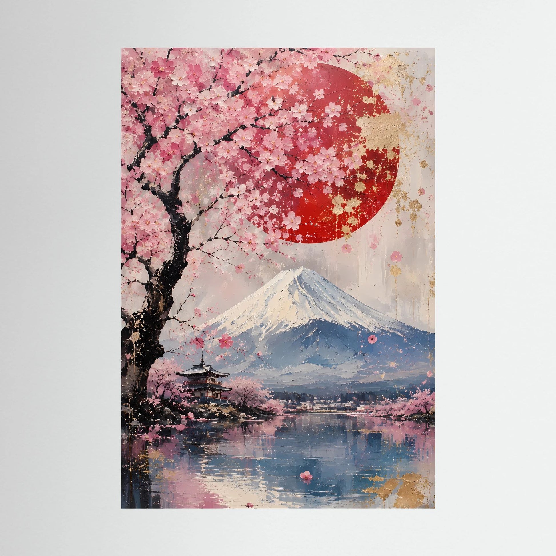 Hochformatiges Poster mit Kirschblütenbaum, Fuji, roter Sonne und blauem See