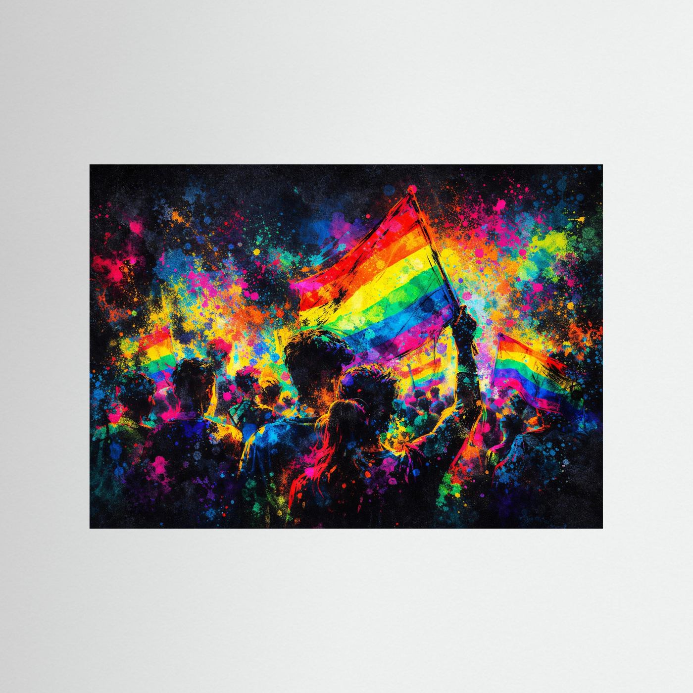 Wandbild mit Regenbogenflagge und buntem Sprühfarben-Motiv, schwarzer Rahmen