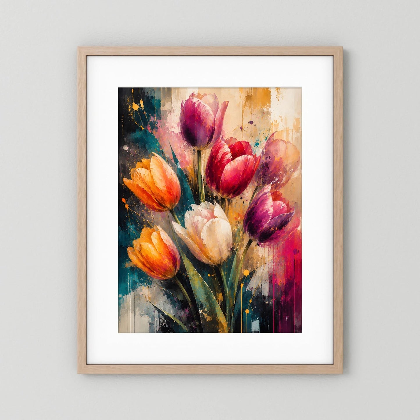 Gerahmtes Kunstposter mit abstrakten Tulpen in Pink, Orange und Violett, naturfarbener Holzrahmen
