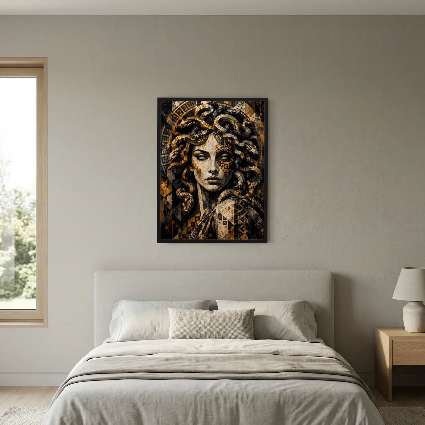 Wandposter mit Medusa-Gesicht, goldene Akzente und schwarzer Mosaik-Hintergrund