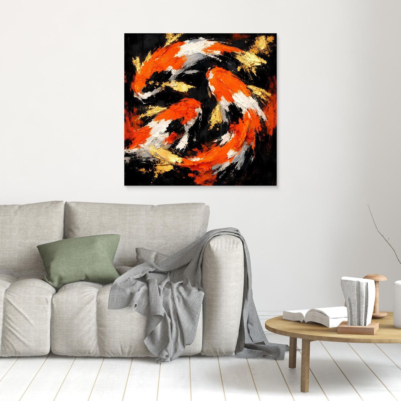 Leinwand Dynamische Koi-Karpfen | Abstraktes Yin Yang Wandbild Gold Orange