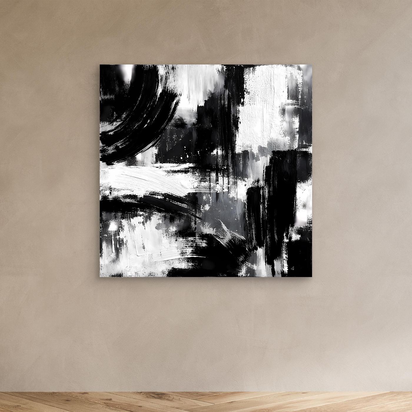 Small unframed abstract black-and-white canvas painting with bold brush strokes