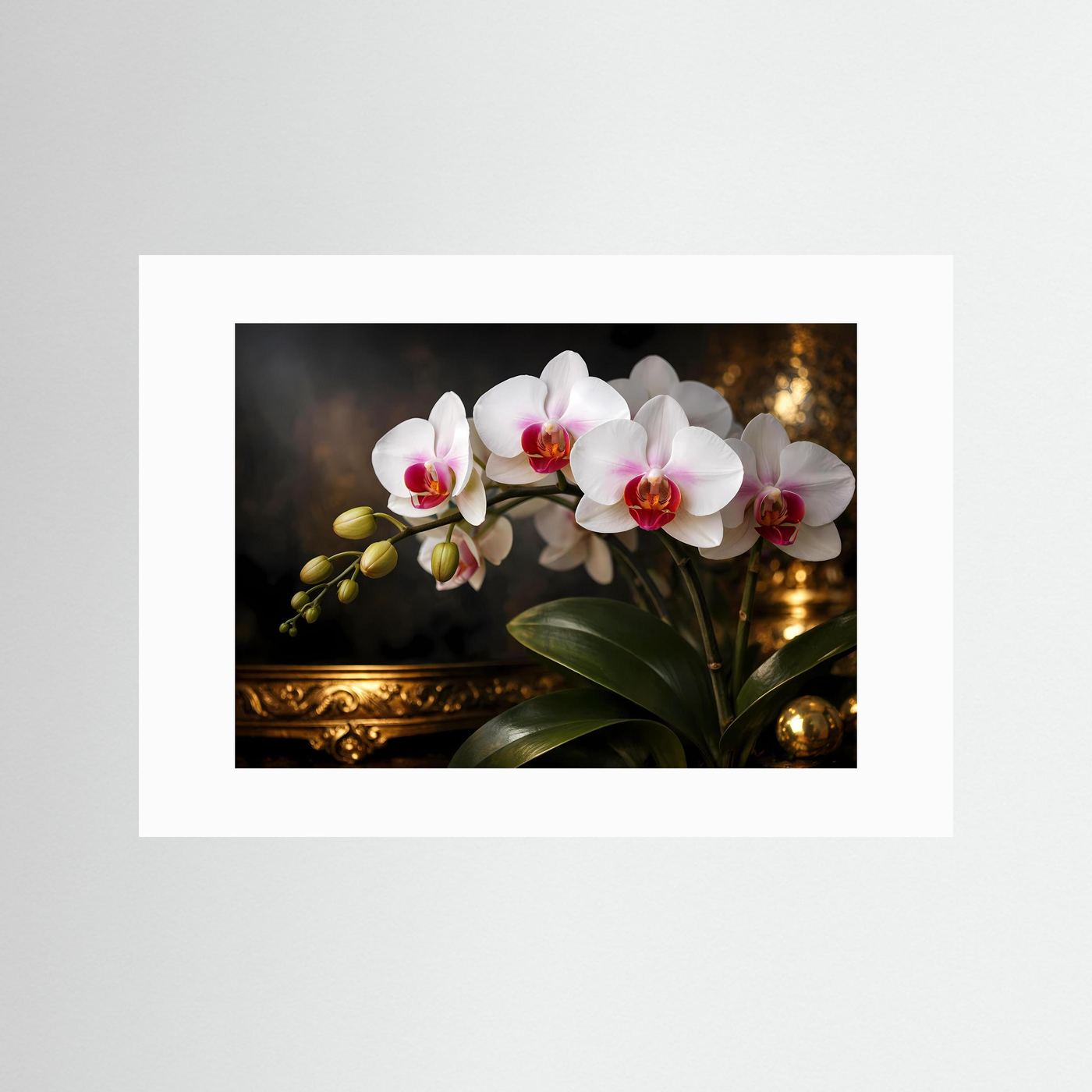 Blumenposter im Querformat mit weißen Orchideen und grünen Blättern, weißer Rahmen