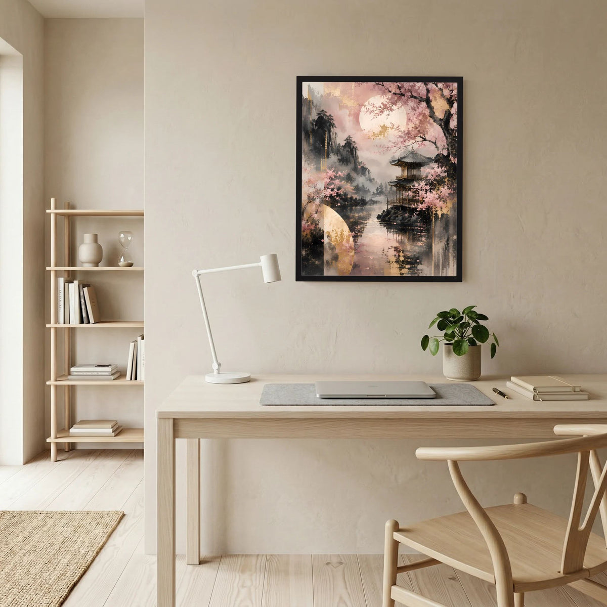 Gerahmtes Poster mit Kirschblüten, Tempel am See und Mondscheibe, schwarzer Rahmen