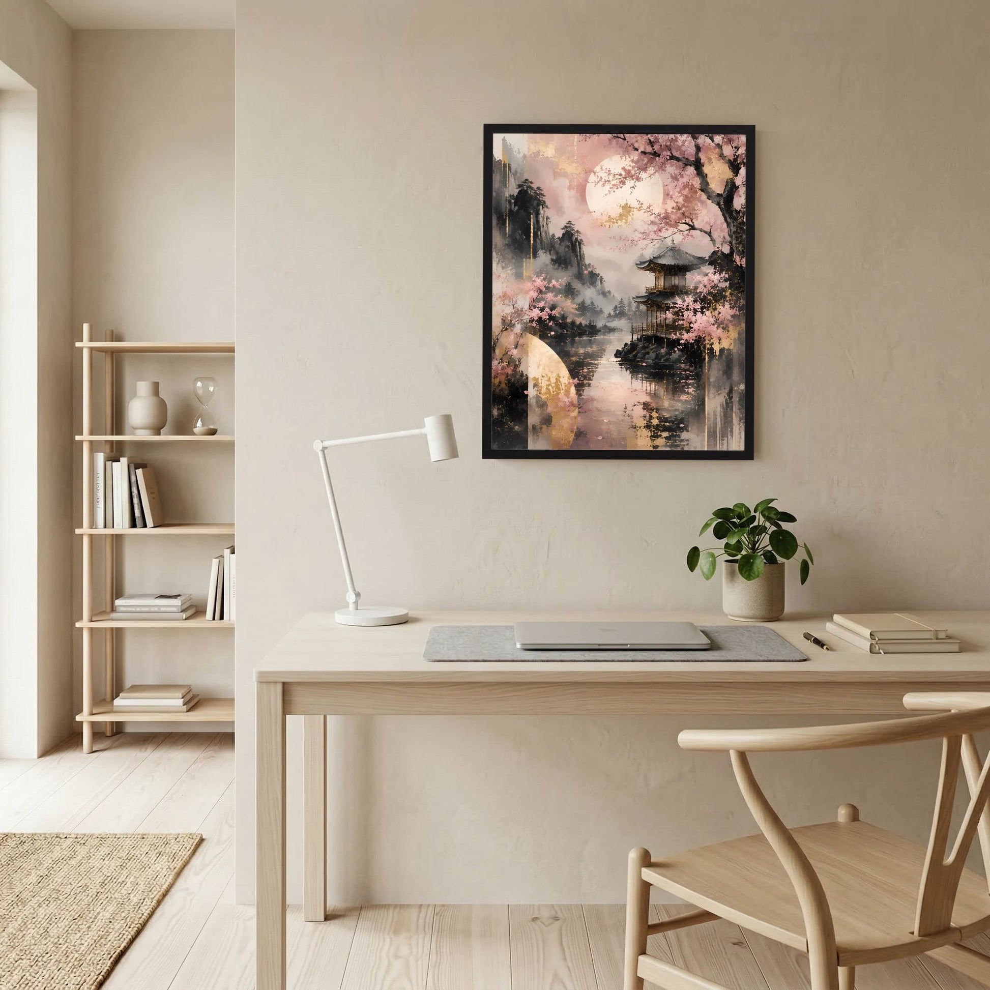 Gerahmtes Poster mit Kirschblüten, Tempel am See und Mondscheibe, schwarzer Rahmen