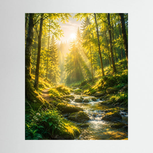 Poster im Hochformat: grüner Wald mit Waldbach und Sonnenlicht, ohne sichtbaren Rahmen