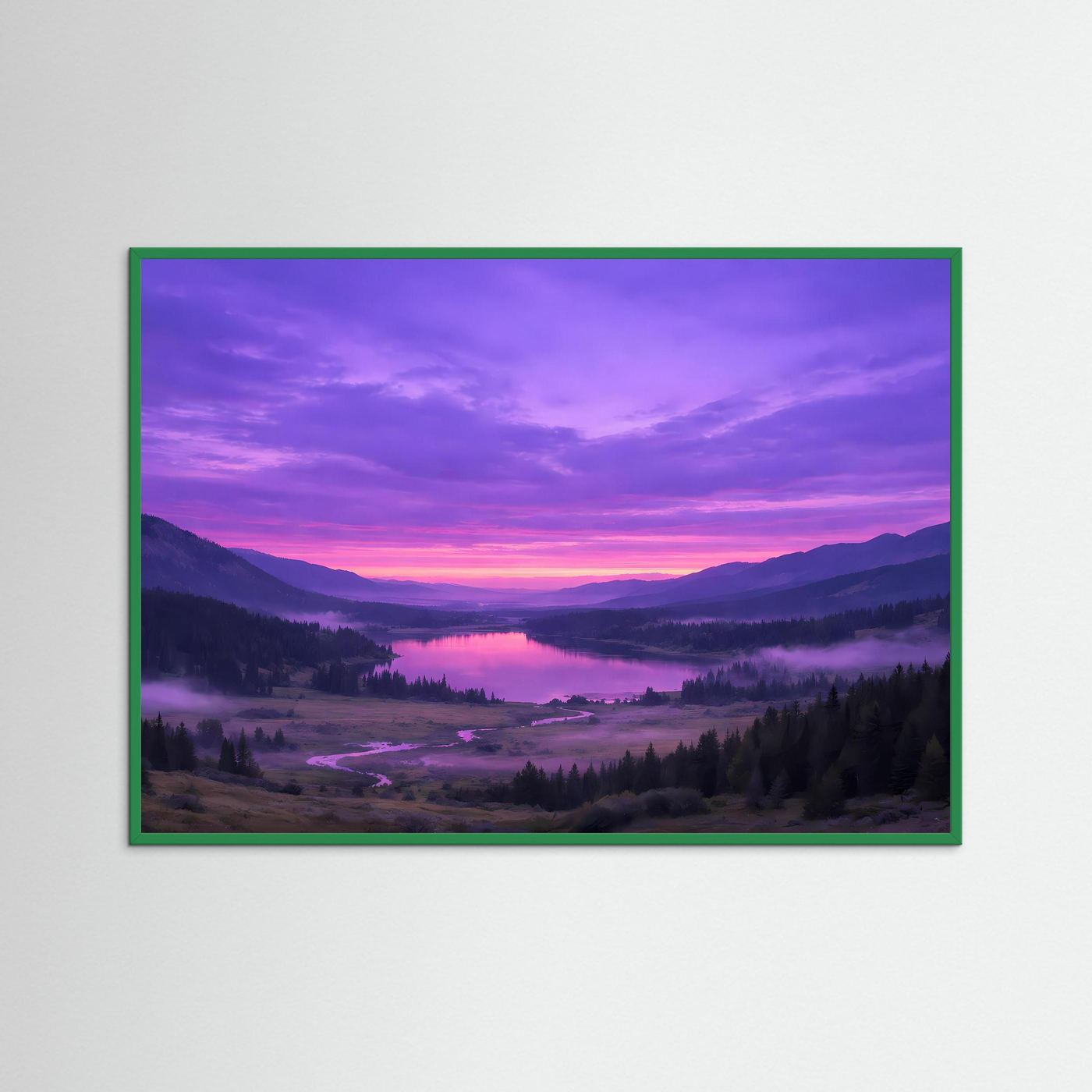 Wandbild: Bergtal mit Fluss bei Sonnenuntergang, in grünem Rahmen
